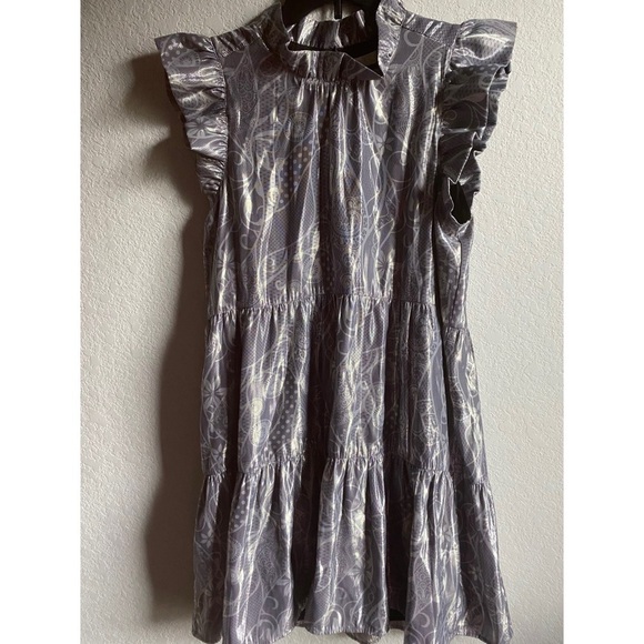 Marie Oliver Metallic Printed Tent Babydoll Tiered Ruffle Sleeves Retro Dress XS - Picture 3 of 15